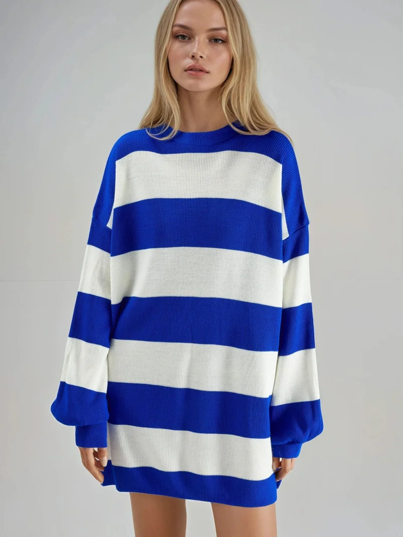 MY FASHION Cobalt Blue MY FASHION Striped Mini Dress with Crew Neck for Women | Best Price UAE